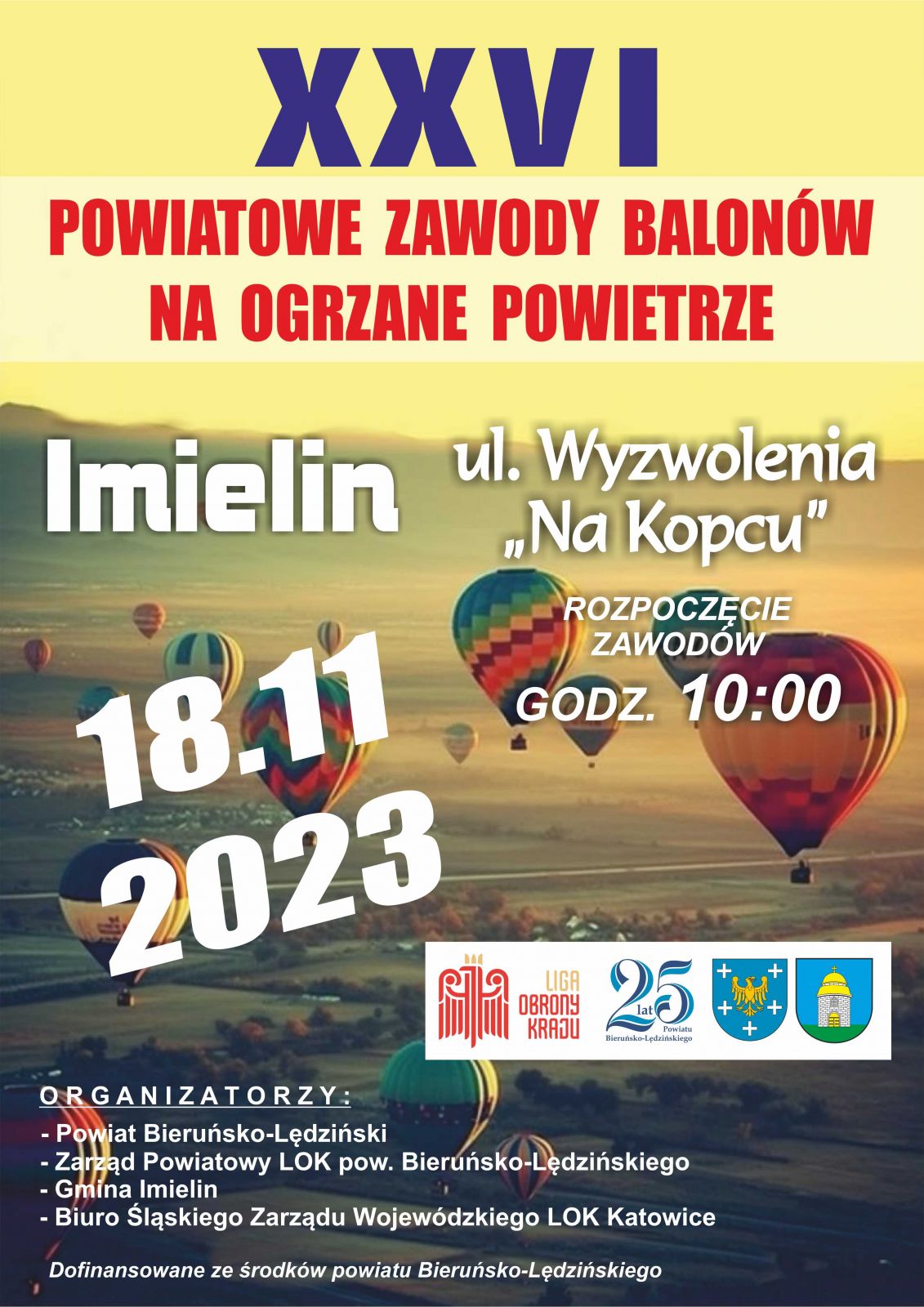 Plakat informacyjny z wznoszącymi się balonami w tle